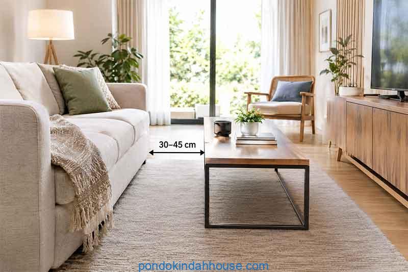 jarak ideal sofa dengan meja ruang tamu